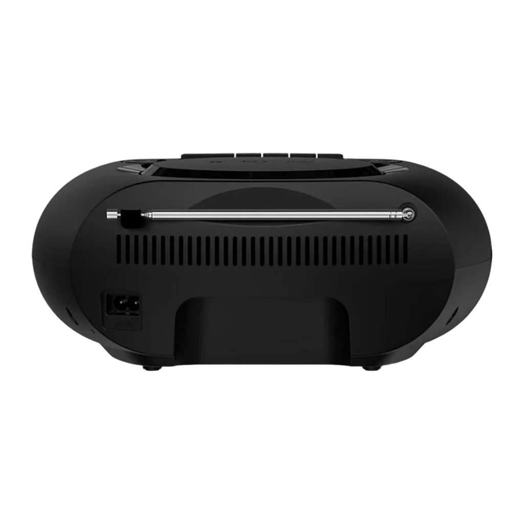 Philips TAZ2200/10 negro, vista trasera: antena FM telescópica plateada y conector de alimentación
