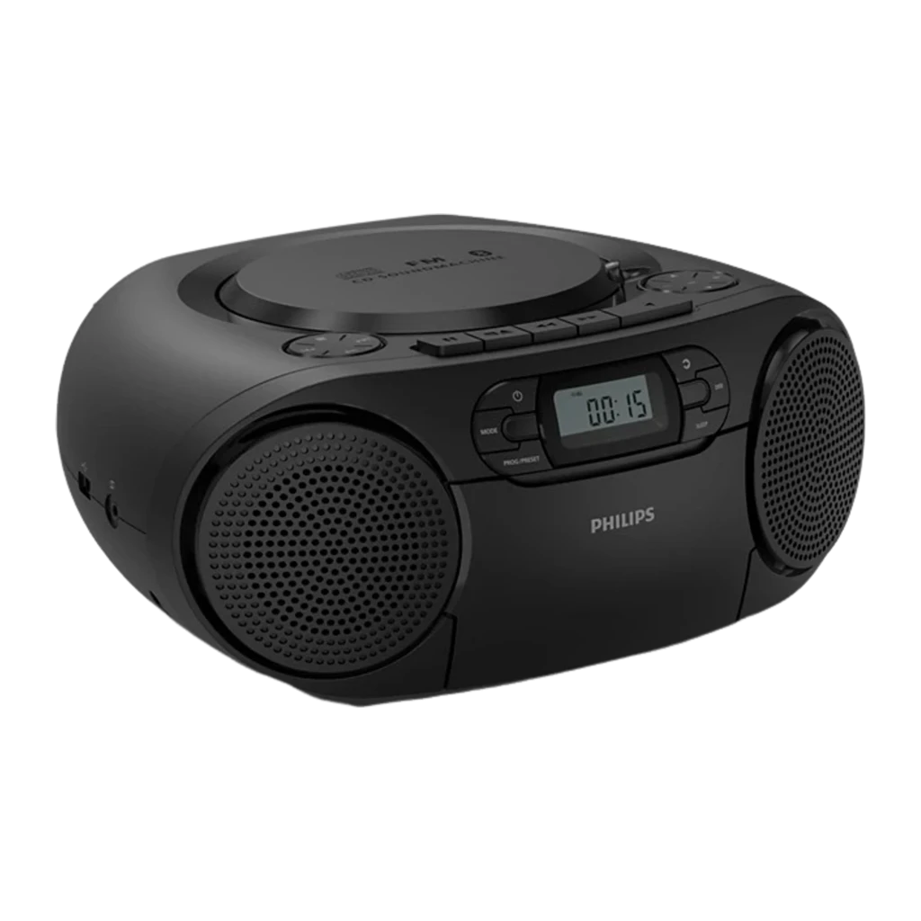 Philips TAZ2200/10 negro, vista en ángulo: bandeja de CD superior, altavoces y pantalla LCD visibles