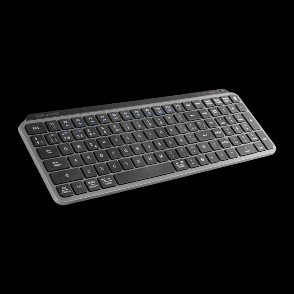 Mars Gaming MK-SILENKEYS negro, vista frontal izquierda: teclado compacto QWERTY español con marco plateado y teclas