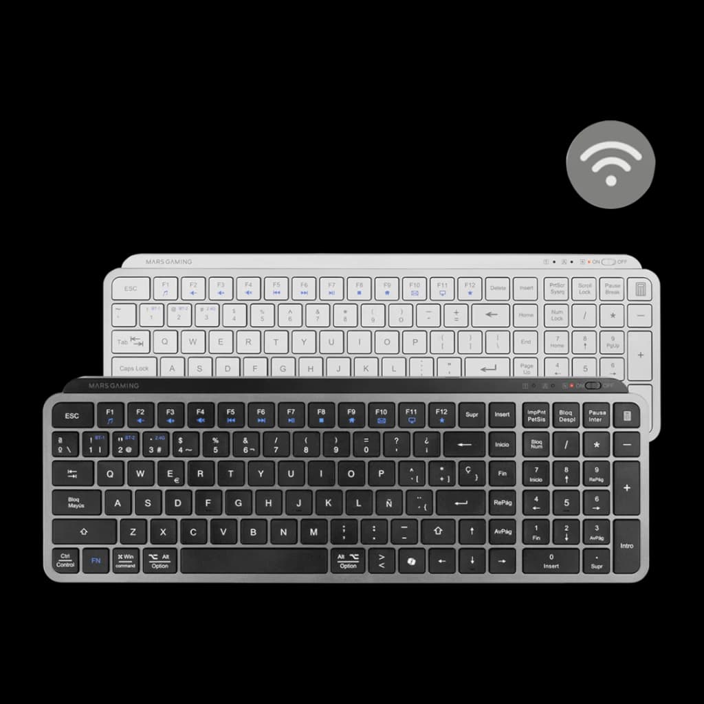 Mars Gaming MK-SILENKEYS negro, vista frontal: versiones negro y blanco superpuestas con icono WiFi