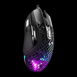 SteelSeries Aerox 5 negro, vista frontal superior: carcasa honeycomb completa con RGB púrpura y azul intenso