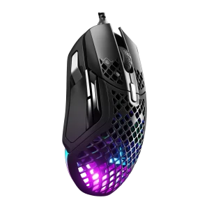 SteelSeries Aerox 5 noir, vue avant supérieure: coque honeycomb complète avec éclairage RGB violet et bleu intense