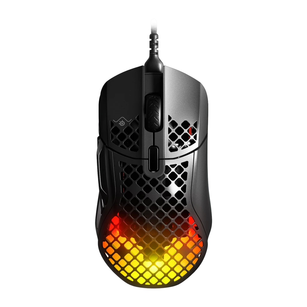 SteelSeries Aerox 5 noir, vue avant supérieure: coque honeycomb complète avec éclairage RGB violet et bleu intense - Ítem7
