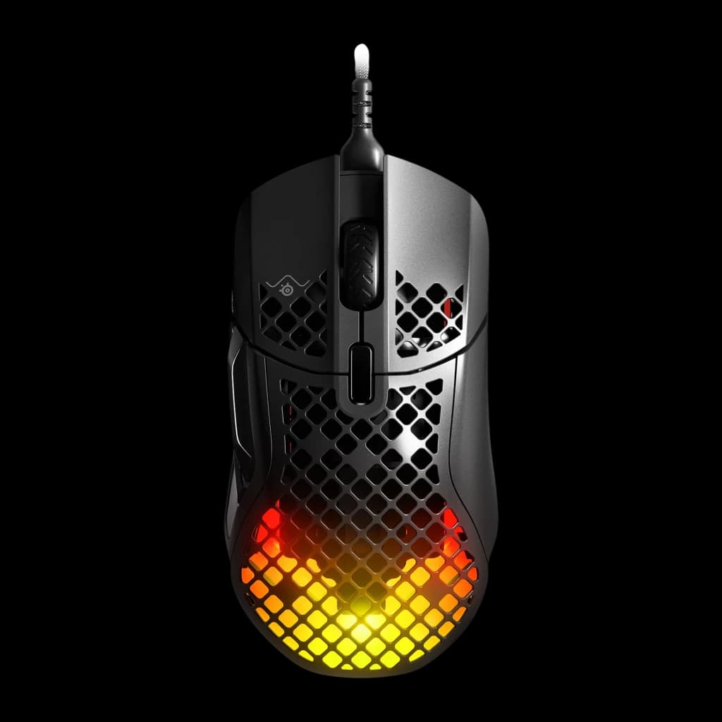 SteelSeries Aerox 5 negro, vista superior: carcasa honeycomb con iluminación RGB naranja y amarilla en la parte trasera