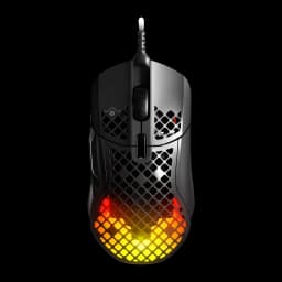 SteelSeries Aerox 5 negro, vista superior: carcasa honeycomb con iluminación RGB naranja y amarilla en la parte trasera
