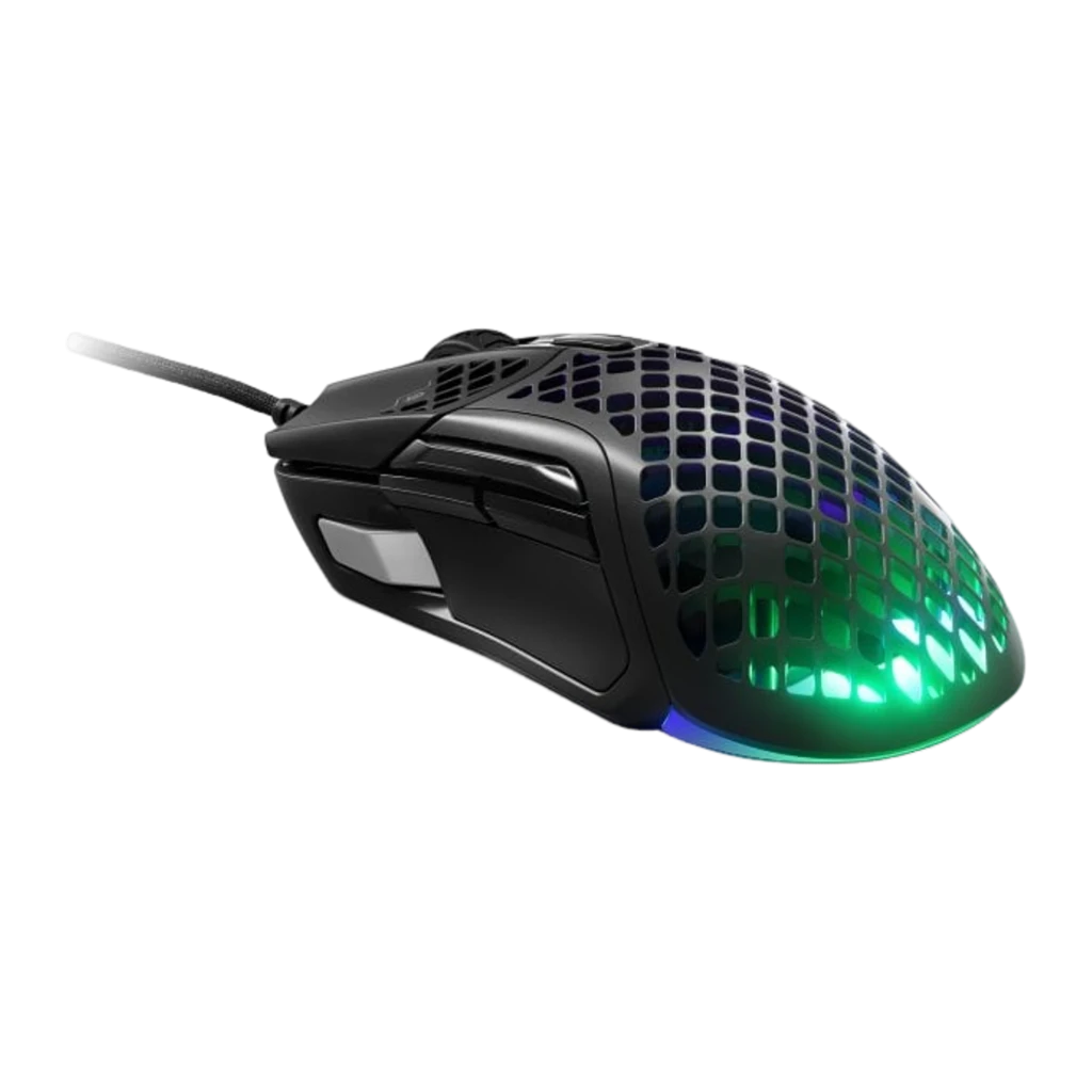 SteelSeries Aerox 5 noir, vue avant supérieure: coque honeycomb complète avec éclairage RGB violet et bleu intense - Ítem2
