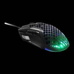 SteelSeries Aerox 5 negro, vista lateral izquierda: botones laterales visibles y RGB verde en la parte trasera