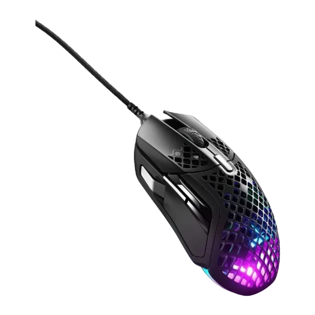 SteelSeries Aerox 5 noir, vue avant supérieure: coque honeycomb complète avec éclairage RGB violet et bleu intense - Ítem1