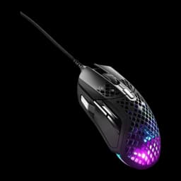 SteelSeries Aerox 5 negro, vista lateral derecha: carcasa honeycomb con RGB púrpura y azul en la parte trasera