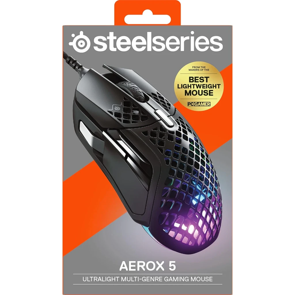 SteelSeries Aerox 5 noir, vue avant supérieure: coque honeycomb complète avec éclairage RGB violet et bleu intense - Ítem3