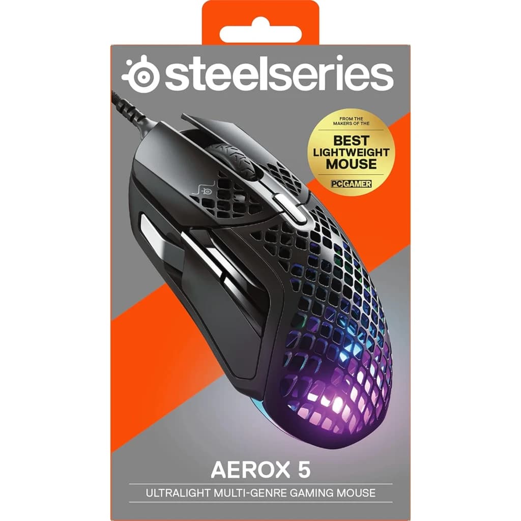 SteelSeries Aerox 5 Negro, caja: packaging frontal con ratón visible, carcasa perforada e iluminación RGB