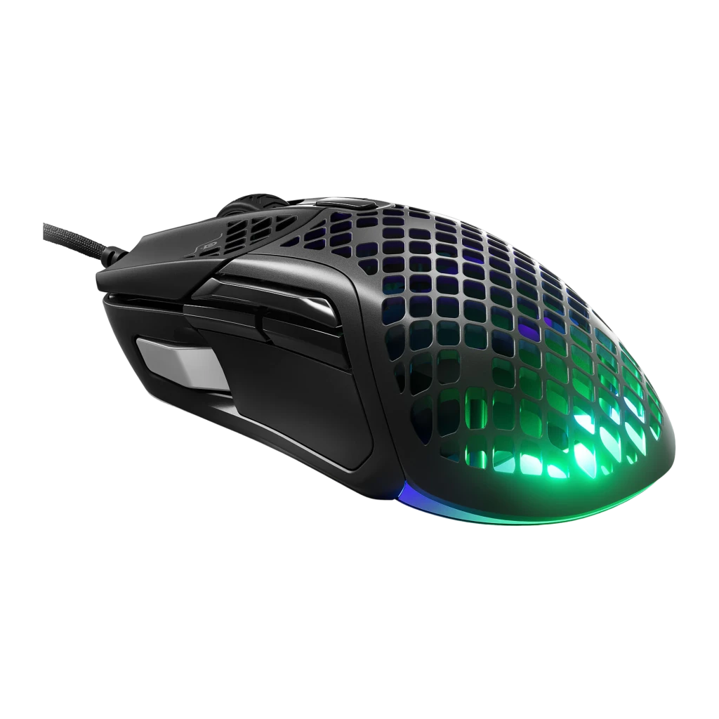 SteelSeries Aerox 5 noir, vue avant supérieure: coque honeycomb complète avec éclairage RGB violet et bleu intense - Ítem6