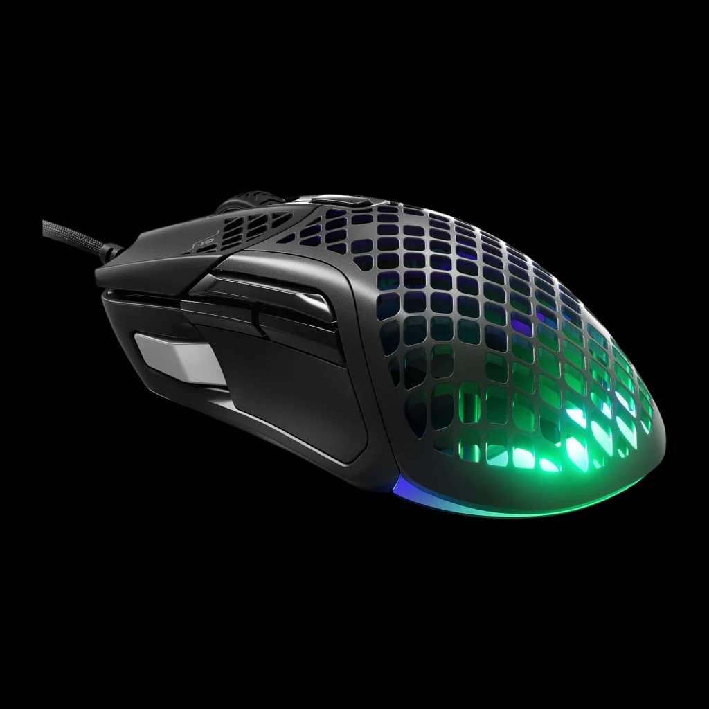 SteelSeries Aerox 5 negro, vista lateral derecha: carcasa perforada con iluminación RGB verde y azul visible