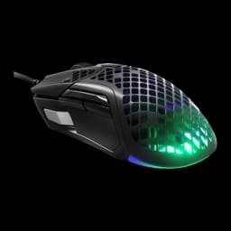 SteelSeries Aerox 5 negro, vista lateral derecha: carcasa perforada con iluminación RGB verde y azul visible