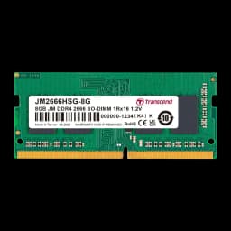 Transcend JetRam JM2666HSG-8G 8GB DDR4, vista frontal: módulo SO-DIMM verde com etiqueta e contatos dourados