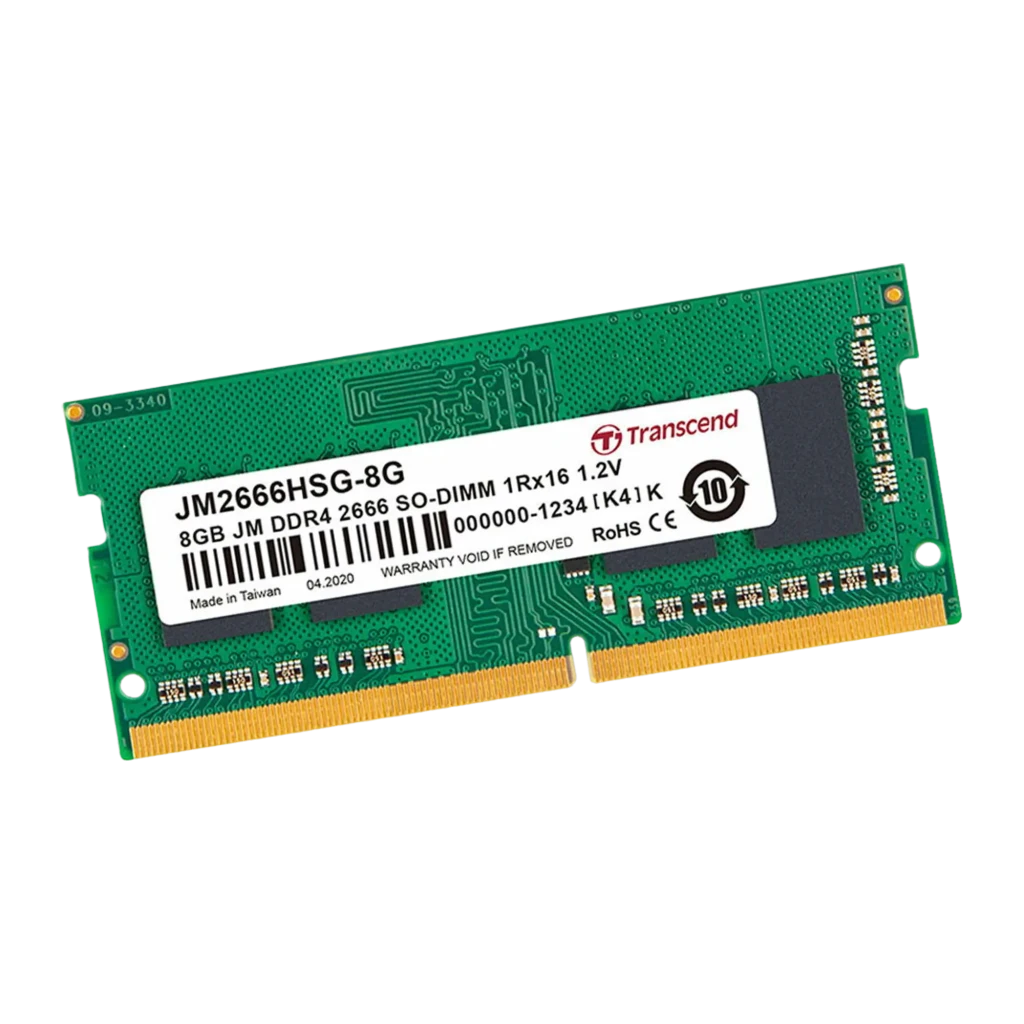 Transcend JetRam JM2666HSG-8G 8GB DDR4, vista frontal: módulo SO-DIMM verde com etiqueta e contatos dourados - Item1