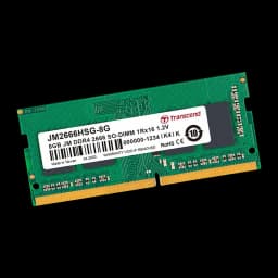 Transcend JetRam JM2666HSG-8G 8GB DDR4, vista em ângulo: módulo SO-DIMM verde inclinado mostrando PCB e etiqueta