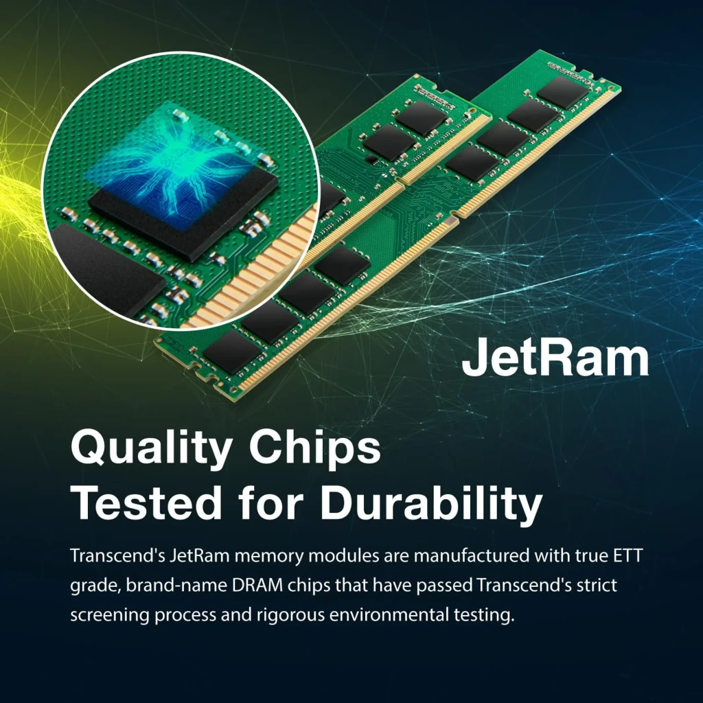 Transcend JetRam JM2666HSG-8G 8GB DDR4, vista frontal: módulo SO-DIMM verde com etiqueta e contatos dourados - Item2