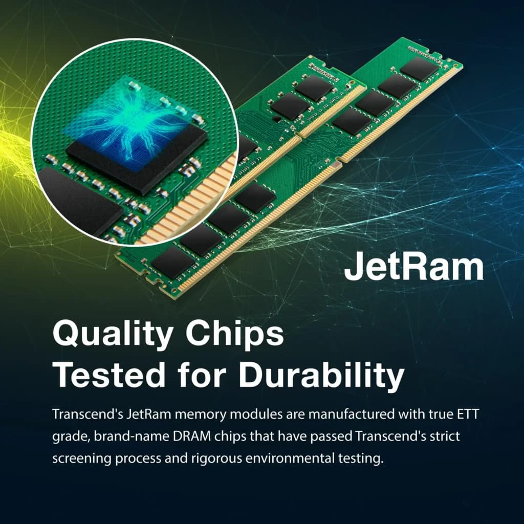 Transcend JetRam DDR4 2666 MHz 8GB SO-DIMM, detalhe chip: módulo verde com chips DRAM ampliados e texto qualidade testada
