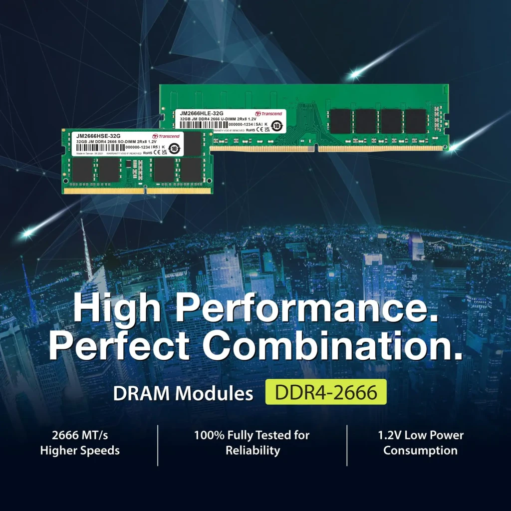 Transcend JetRam JM2666HSG-8G 8GB DDR4, vista frontal: módulo SO-DIMM verde com etiqueta e contatos dourados - Item3