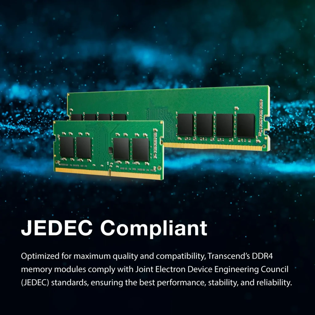 Transcend JetRam JM2666HSG-8G 8GB DDR4, vista frontal: módulo SO-DIMM verde com etiqueta e contatos dourados - Item4
