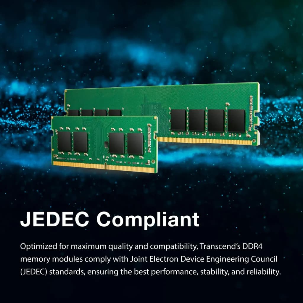 Transcend JetRam JM2666HSG-8G 8GB DDR4, vista promocional: dois módulos RAM verdes flutuando, texto JEDEC Compliant