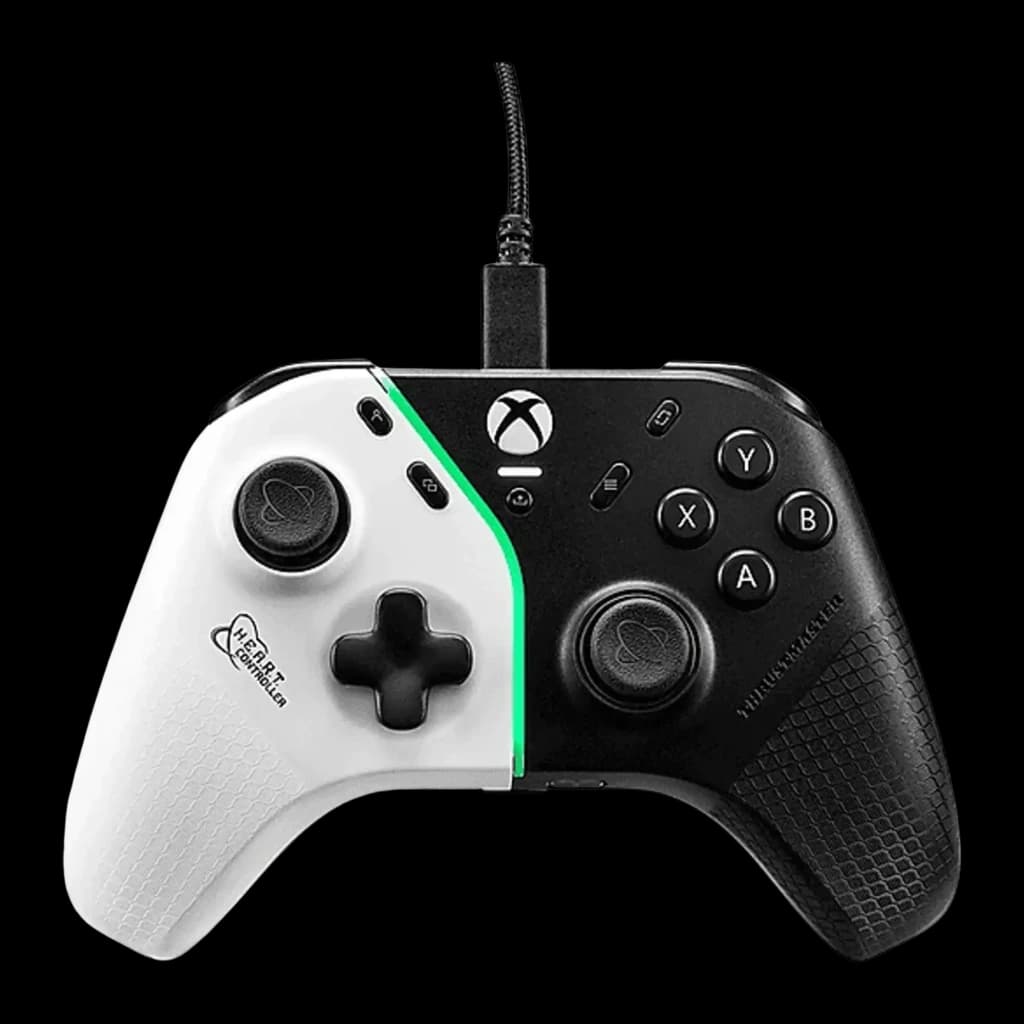 Thrustmaster Gamepad H.E.A.R.T. Noir et Blanc PC/Xbox, vue avant: design bicolore avec bande LED verte centrale et câble
