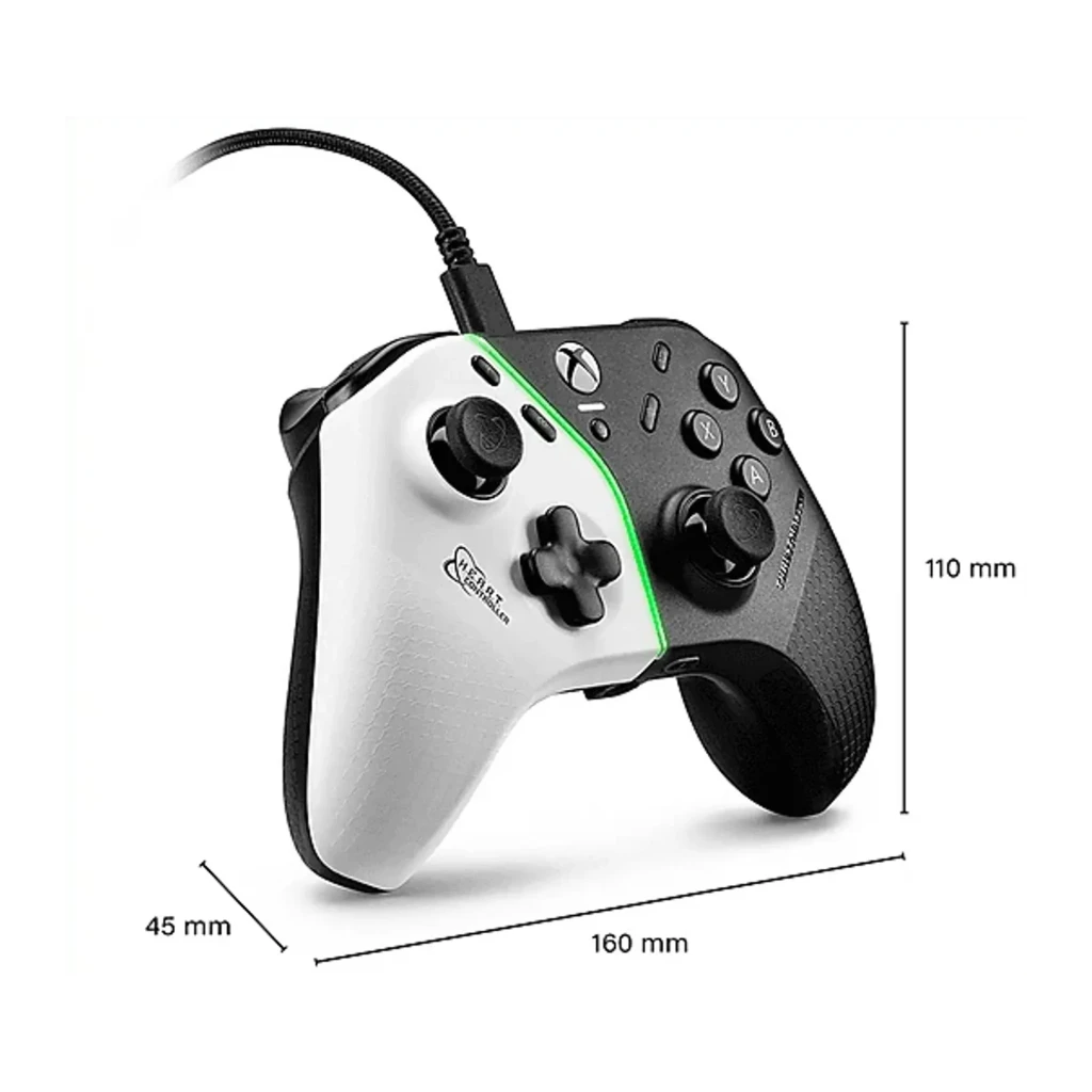 Thrustmaster Gamepad H.E.A.R.T. Noir et Blanc PC/Xbox, vue avant: design bicolore avec bande LED verte centrale et câble - Ítem3