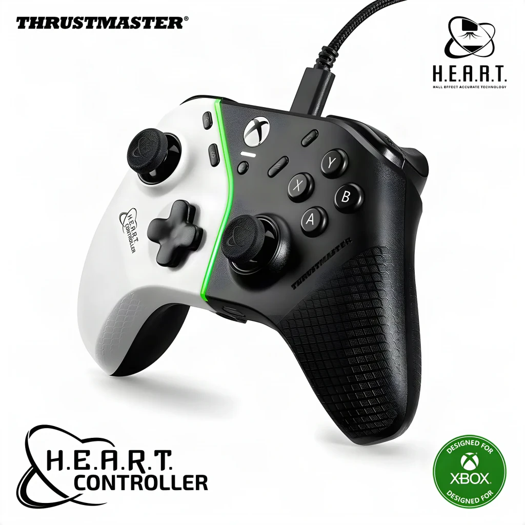 Thrustmaster Gamepad H.E.A.R.T. Noir et Blanc PC/Xbox, vue avant: design bicolore avec bande LED verte centrale et câble - Ítem4