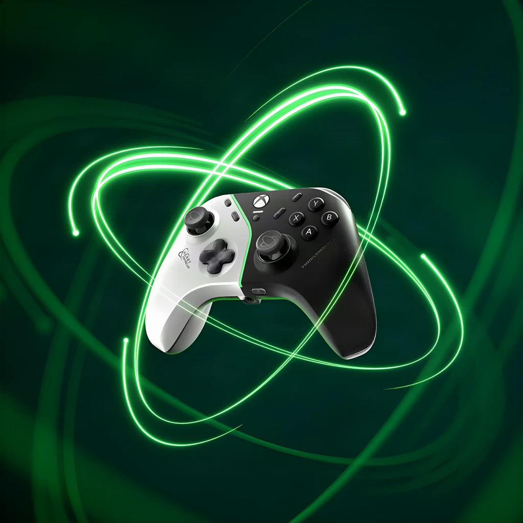 Thrustmaster Gamepad H.E.A.R.T. Noir et Blanc PC/Xbox, vue avant: design bicolore avec bande LED verte centrale et câble - Ítem5