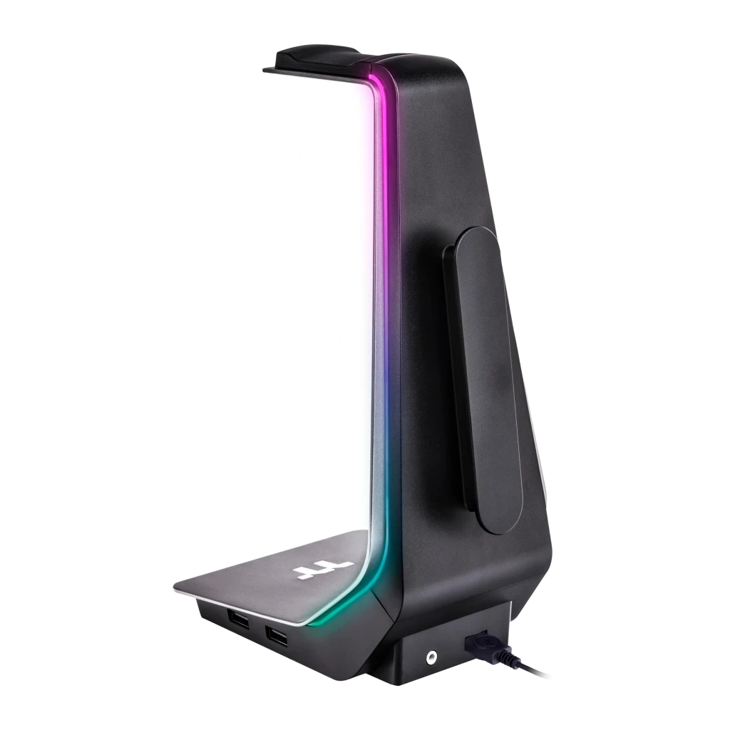 Thermaltake ARGENT HS1 RGB Stand Hub noir-gris, vue latérale: éclairage RGB périmétrique, bras courbe métallique et logo TT - Ítem2