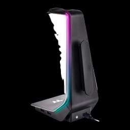 Thermaltake ARGENT HS1 RGB Headset Stand Hub Preto-Cinza, vista lateral: iluminação RGB na coluna, 2 portas USB e cabo