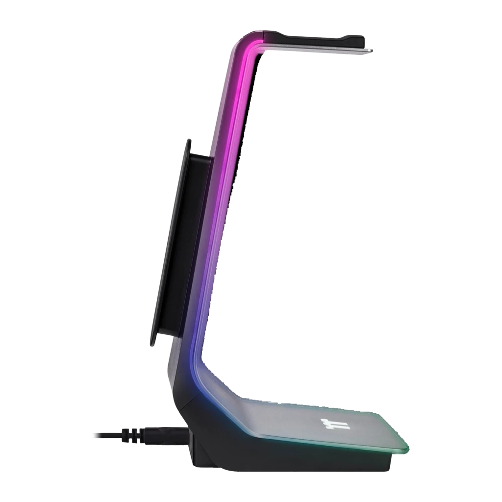 Thermaltake ARGENT HS1 RGB Stand Hub noir-gris, vue latérale: éclairage RGB périmétrique, bras courbe métallique et logo TT - Ítem3