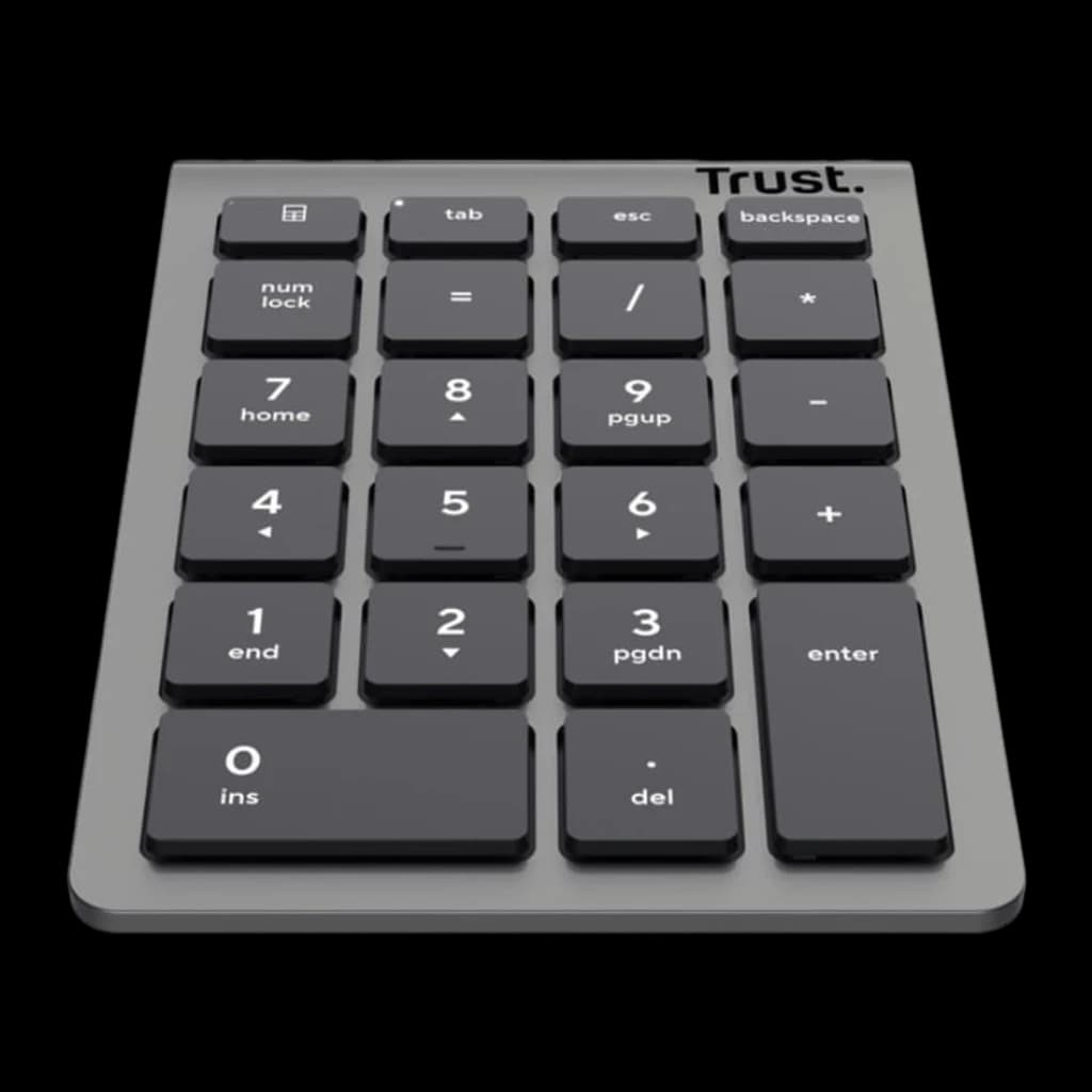 Trust Xalas teclado numérico inalámbrico plata, vista frontal en ángulo: teclas oscuras con números y funciones visibles