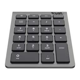 Trust Xalas teclado numérico inalámbrico plata, vista frontal en ángulo: teclas oscuras con números y funciones visibles