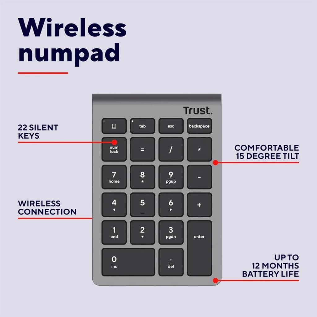 Trust Xalas teclado numérico inalámbrico plata, infografía: 22 teclas silenciosas, inclinación 15°, batería 12 meses