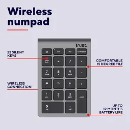 Trust Xalas teclado numérico inalámbrico plata, infografía: 22 teclas silenciosas, inclinación 15°, batería 12 meses