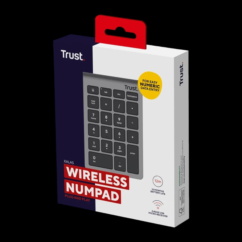 Trust Xalas Teclado numérico inalámbrico plata, caja: packaging frontal con teclado visible y texto Wireless Numpad