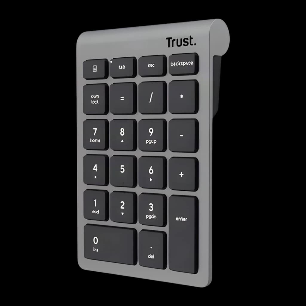 Trust Xalas Teclado numérico inalámbrico Plata, vista en ángulo: teclas negras sobre cuerpo plateado con logo Trust
