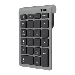 Trust Xalas Teclado numérico inalámbrico Plata, vista en ángulo: teclas negras sobre cuerpo plateado con logo Trust