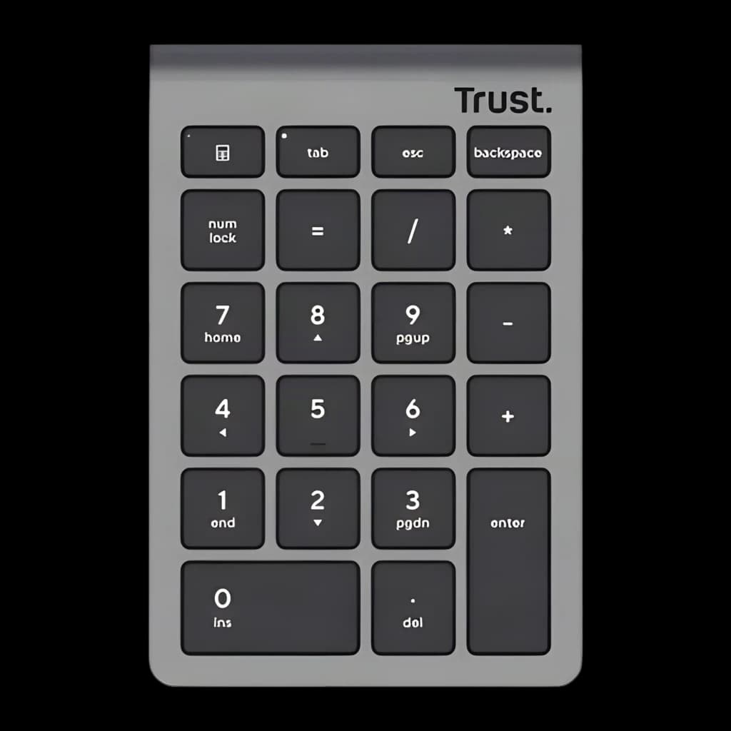 Trust Xalas Teclado numérico inalámbrico Plata, vista frontal: teclas negras sobre cuerpo plateado y logo Trust