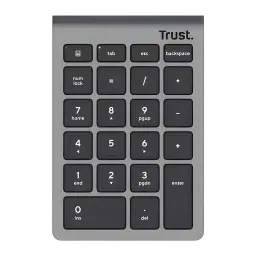Trust Xalas Teclado numérico inalámbrico Plata, vista frontal: teclas negras sobre cuerpo plateado y logo Trust