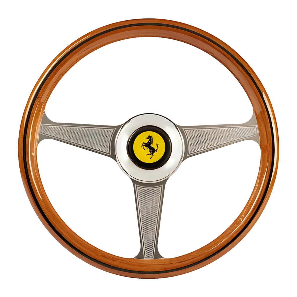 Thrustmaster Ferrari 250 GTO Wheel Add-On Bois Gris, vue de face: jante en bois laqué, 3 branches grises texturées et logo