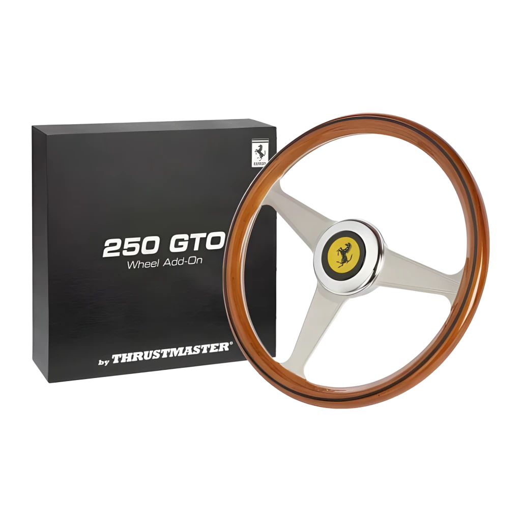 Thrustmaster Ferrari 250 GTO Wheel Add-On Bois Gris, vue avec boîte: volant bois et branches argentées près de l'emballage