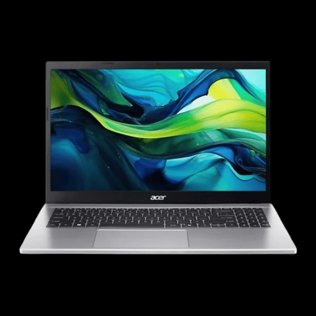 Acer Aspire Go 15 AG15-42P 512GB Argent pur, vue de face: écran allumé avec fond abstrait vert et bleu, clavier noir