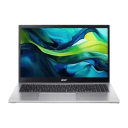Acer Aspire Go 15 AG15-42P 512GB Argent pur, vue de face: écran allumé avec fond abstrait vert et bleu, clavier noir