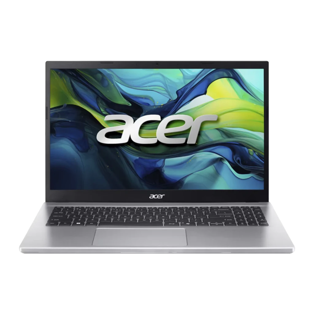 Acer Aspire Go 15 AG15-42P 512GB Argent pur, vue de face: écran allumé avec fond abstrait vert et bleu, clavier noir - Ítem1