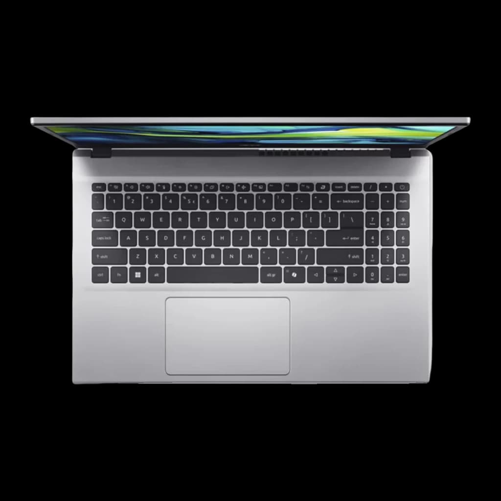 Acer Aspire Go 15 AG15-42P 512GB Argent pur, vue du dessus: clavier complet avec pavé numérique et touchpad argenté