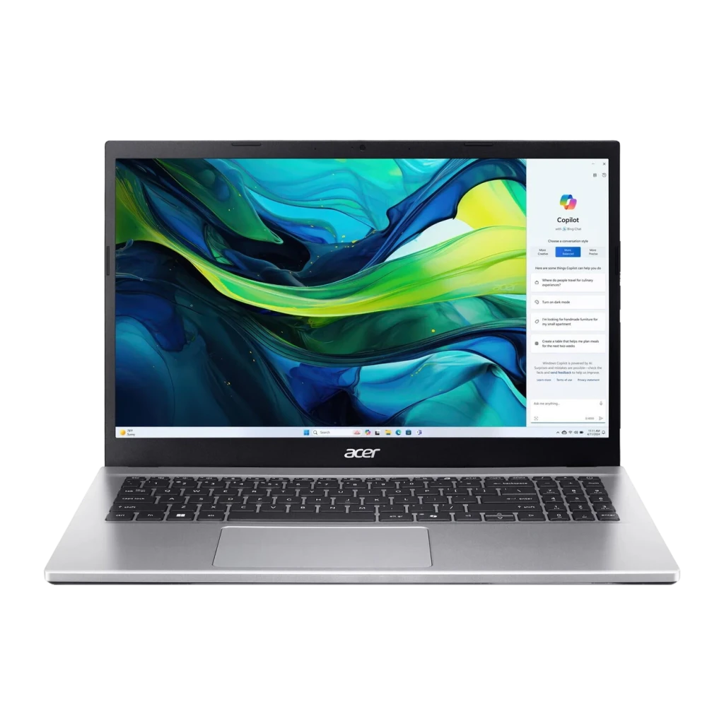 Acer Aspire Go 15 AG15-42P 512GB Argent pur, vue de face: écran allumé avec fond abstrait vert et bleu, clavier noir - Ítem3
