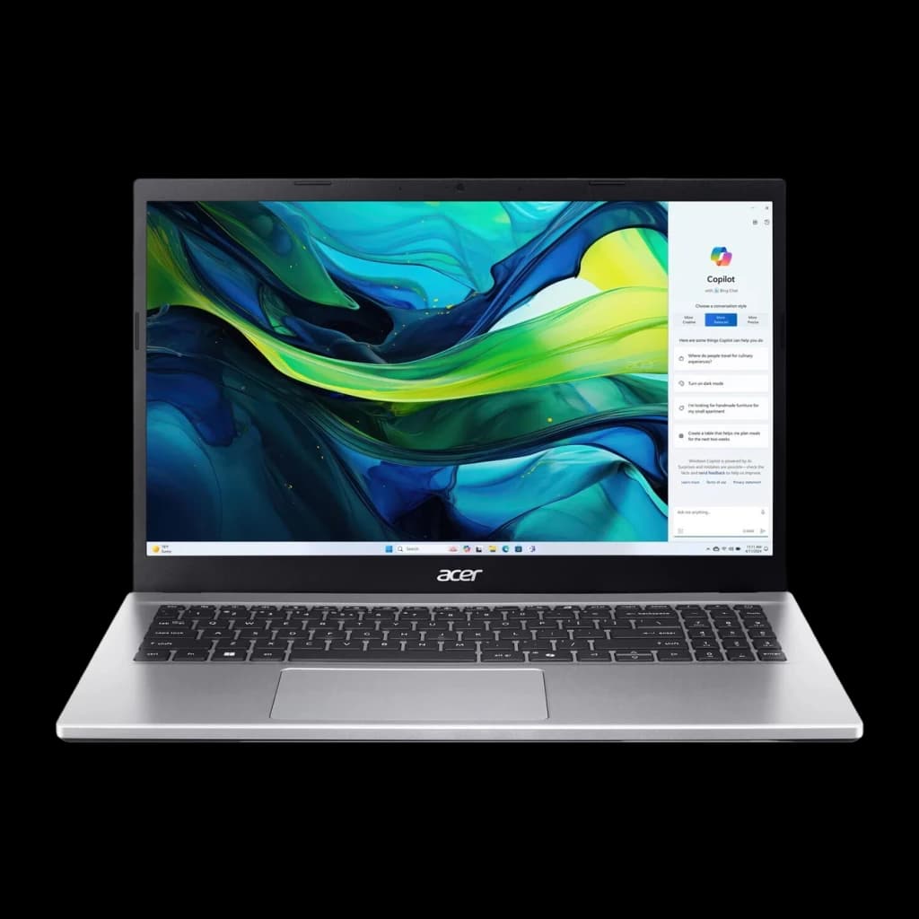 Acer Aspire Go 15 AG15-42P 512GB Argent pur, vue de face: écran allumé avec Copilot, clavier noir et pavé tactile visibles